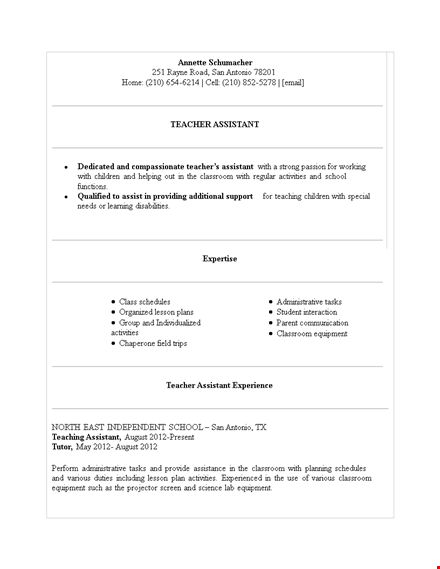 high school teacher assistant resume template