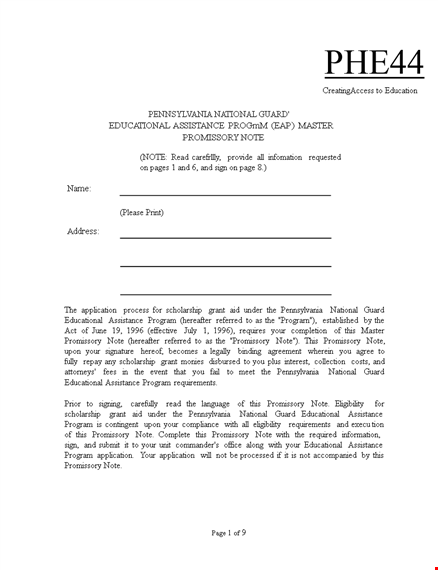 get a legal promissory note template - protect your grant with pheaa in pennsylvania template