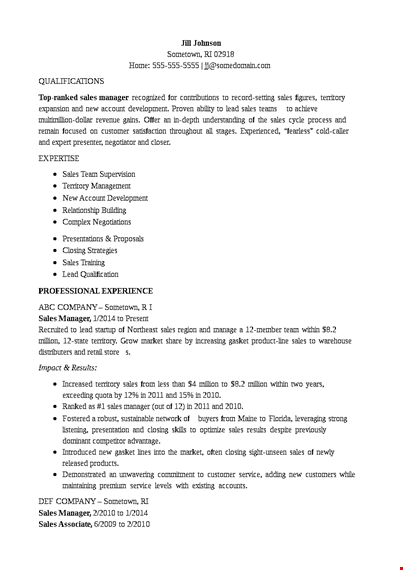 inside sales manager resume template