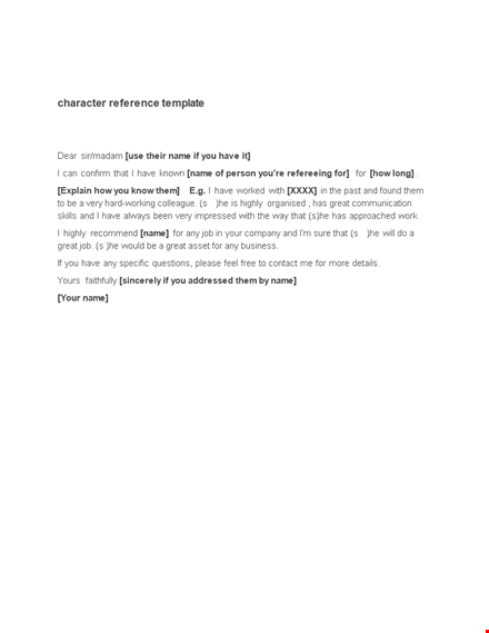 character refence letter template template