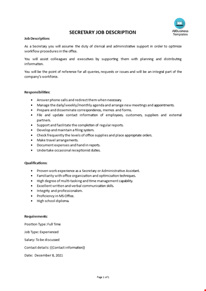 secretary job description template