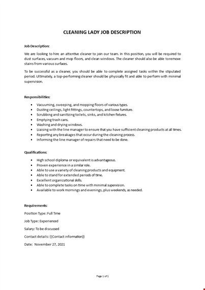 cleaning lady job description template