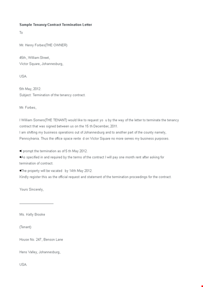 tenancy contract termination letter template