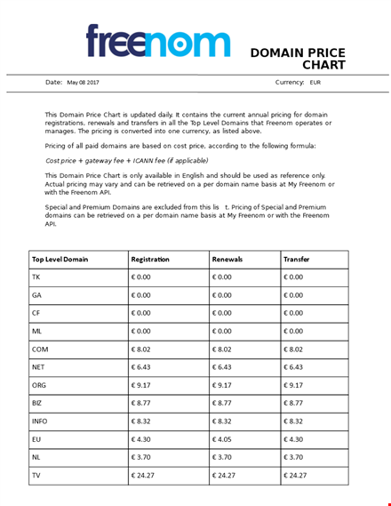 free price chart in pdf: compare registration, level, domain, and renewals template