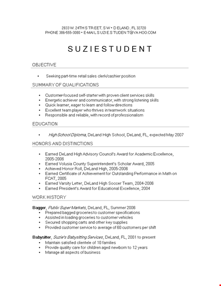 high school student work resume template