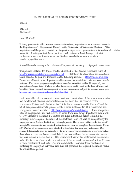 research intern appointment letter in doc template
