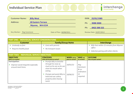 example of individual service plan: goals for billy's individualized services template