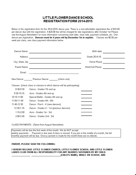 dance school registration form template - fast payment, class selection & grade level for dancers template
