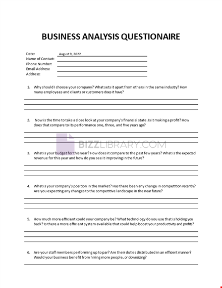 business analysis questionnaire template