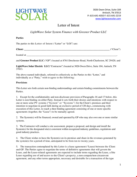 letter of intent template for client communication systems template