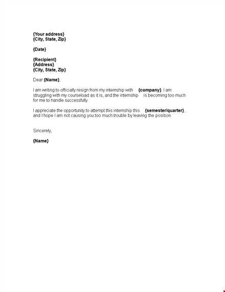 internship resignation letter format template