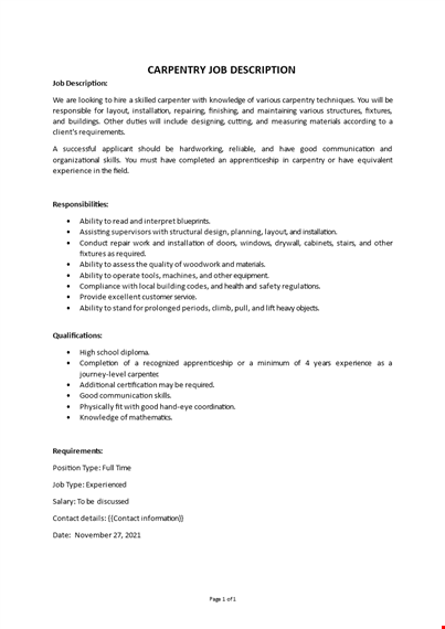 carpentry job description template