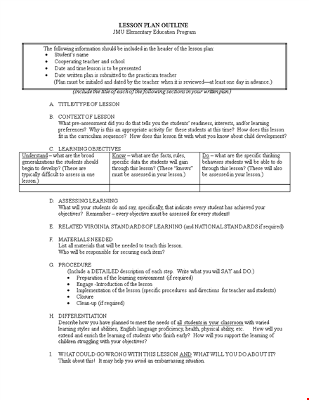 elementary lesson plan outline template