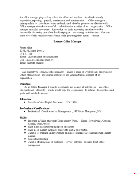 front office manager resume template