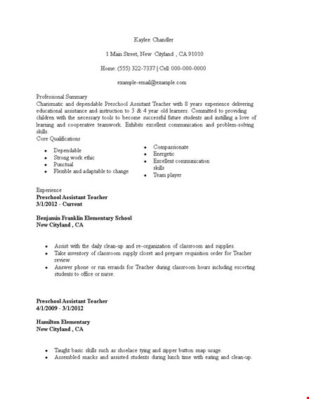 sample resume for preschool teacher assistant template