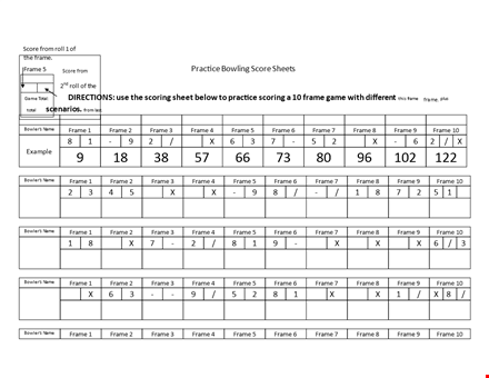 bowling score sheet template - track score, frame, and bowler template