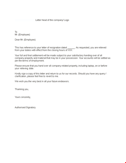 relieving letter format sample template