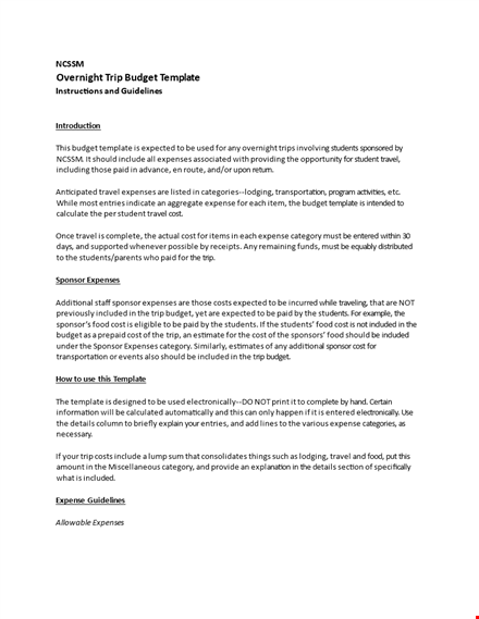 overnight trip budget template pdf file template