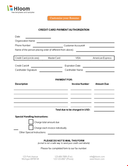 credit card authorization form template template