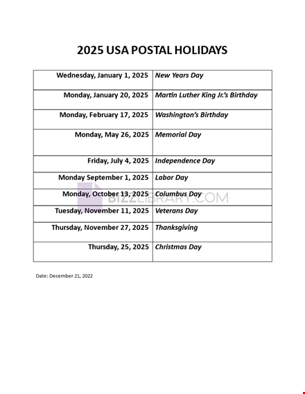 postal holidays 2025 usa template