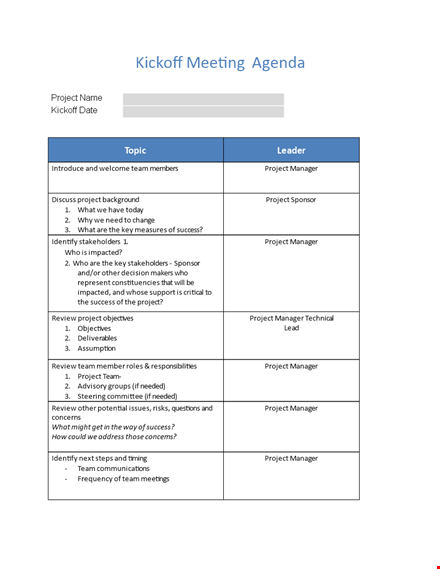 kick off meeting agenda for project success template