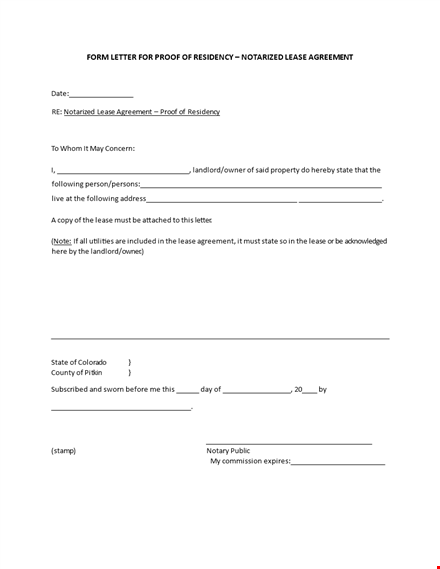 proof of residency and income: notarized letter for agreement, lease, state template