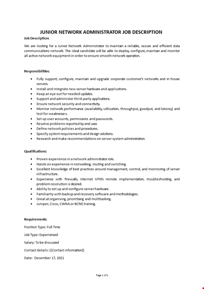 network administrator fresher job description template