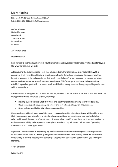 customer service professional cover letter - download pdf | dayjob template