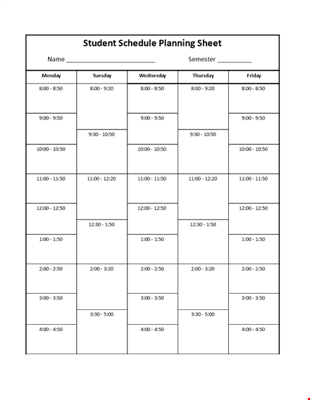 college class schedule planning sheet template