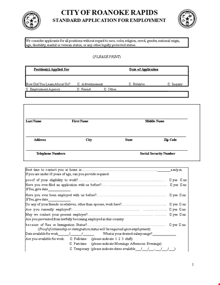 standard job application template | printable, easy to use | employer, employment, phone number template