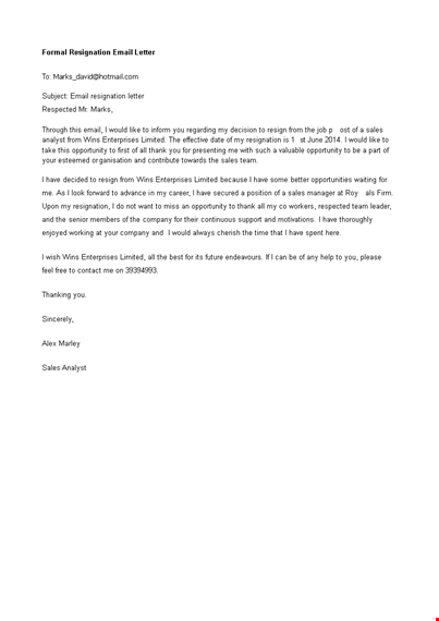 formal resignation email letter template