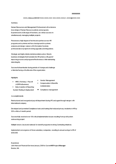 hr project manager resume - expertise in project management, payroll systems, and hr template