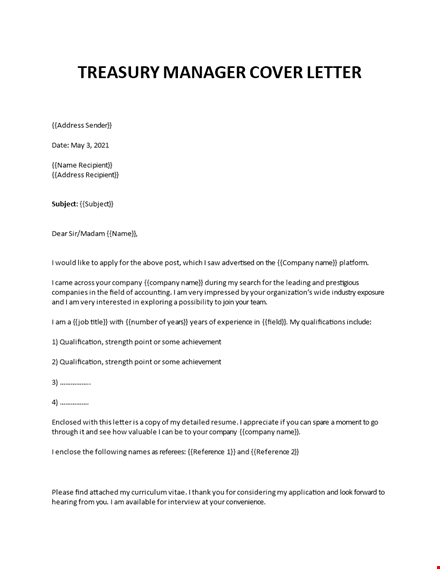 treasury manager cover letter template