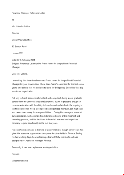 financial manager reference letter template