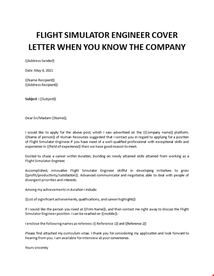 flight simulator engineer cover letter template