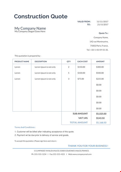 free construction quotation template for your company - get a quote today! template