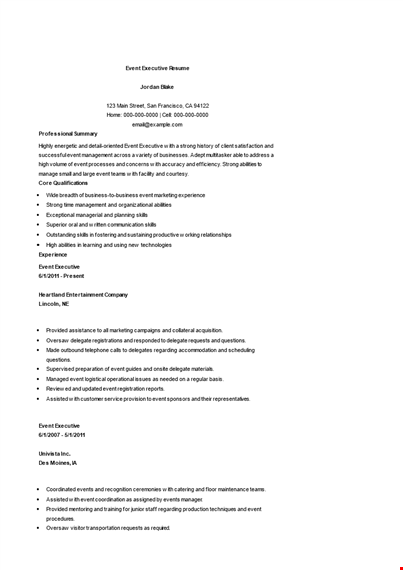 event executive resume template template