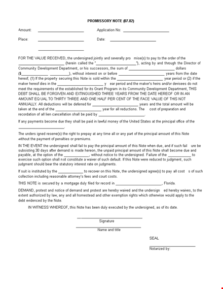 free promissory note template - ensure payment of amount with undersigned's signature template
