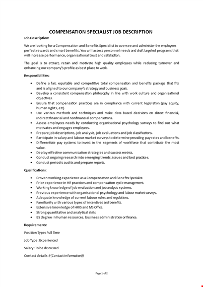 compensation specialist job description template