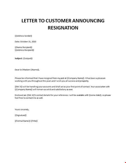 letter to customer announcing resignation template