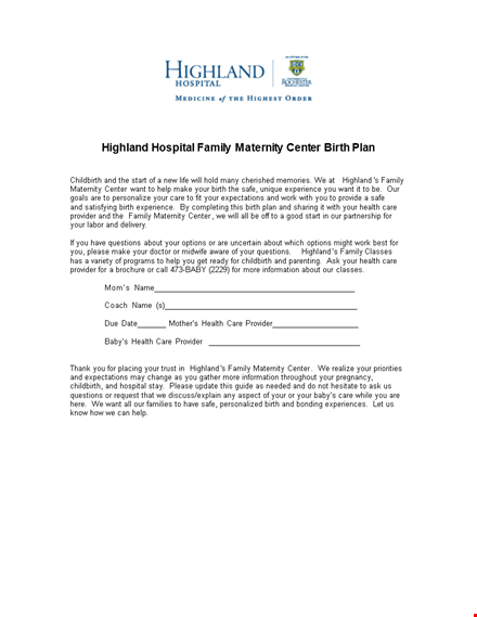 hospital birth plan template template