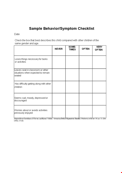 printable child behavior checklist template