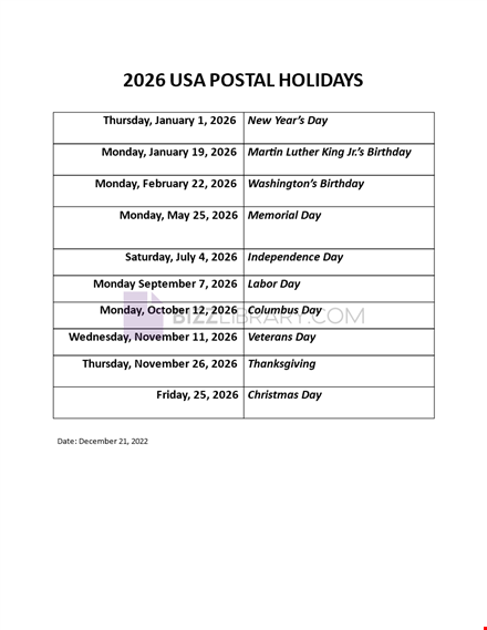 postal holidays 2026 usa template