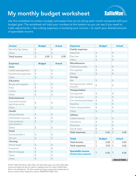 monthly budget worksheet template