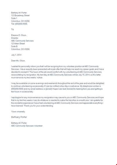 volunteer position resignation letter template
