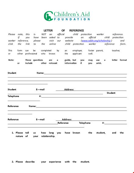 scholarship application reference letter template - reference letter for students | please use cafdn template
