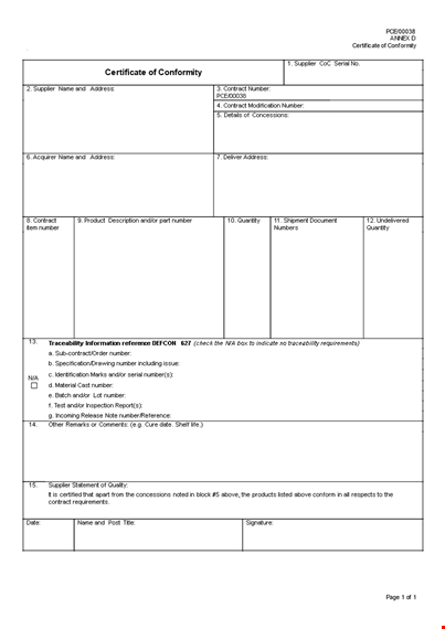 supplier certificate of conformance for contract | number | address template