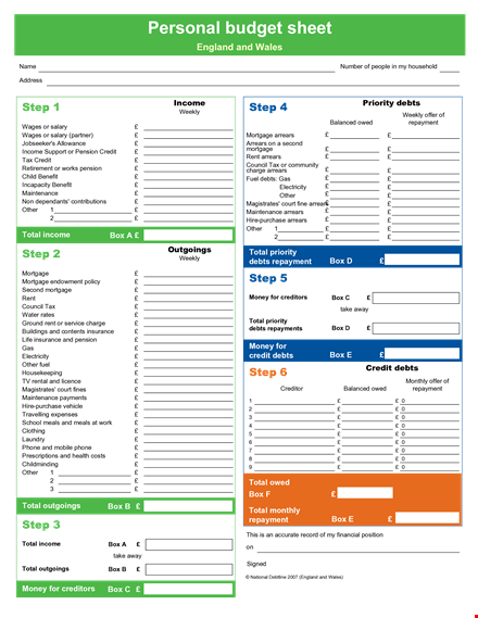 personal budget worksheet form - track your total income, manage arrears, and plan debt repayment template