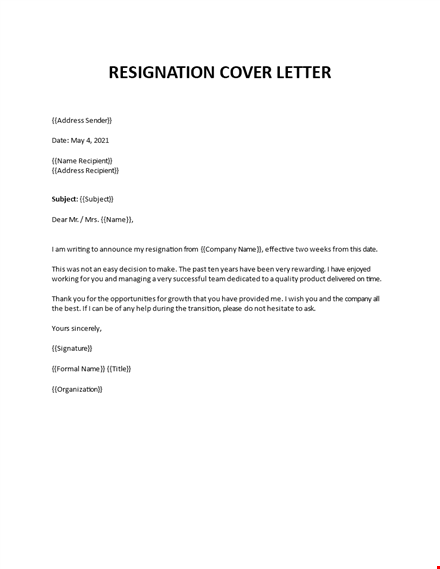 resignation cover letter template