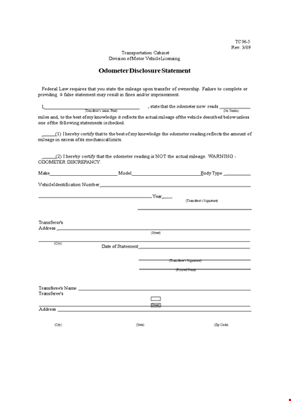 complete your vehicle transaction with our odometer disclosure statement template